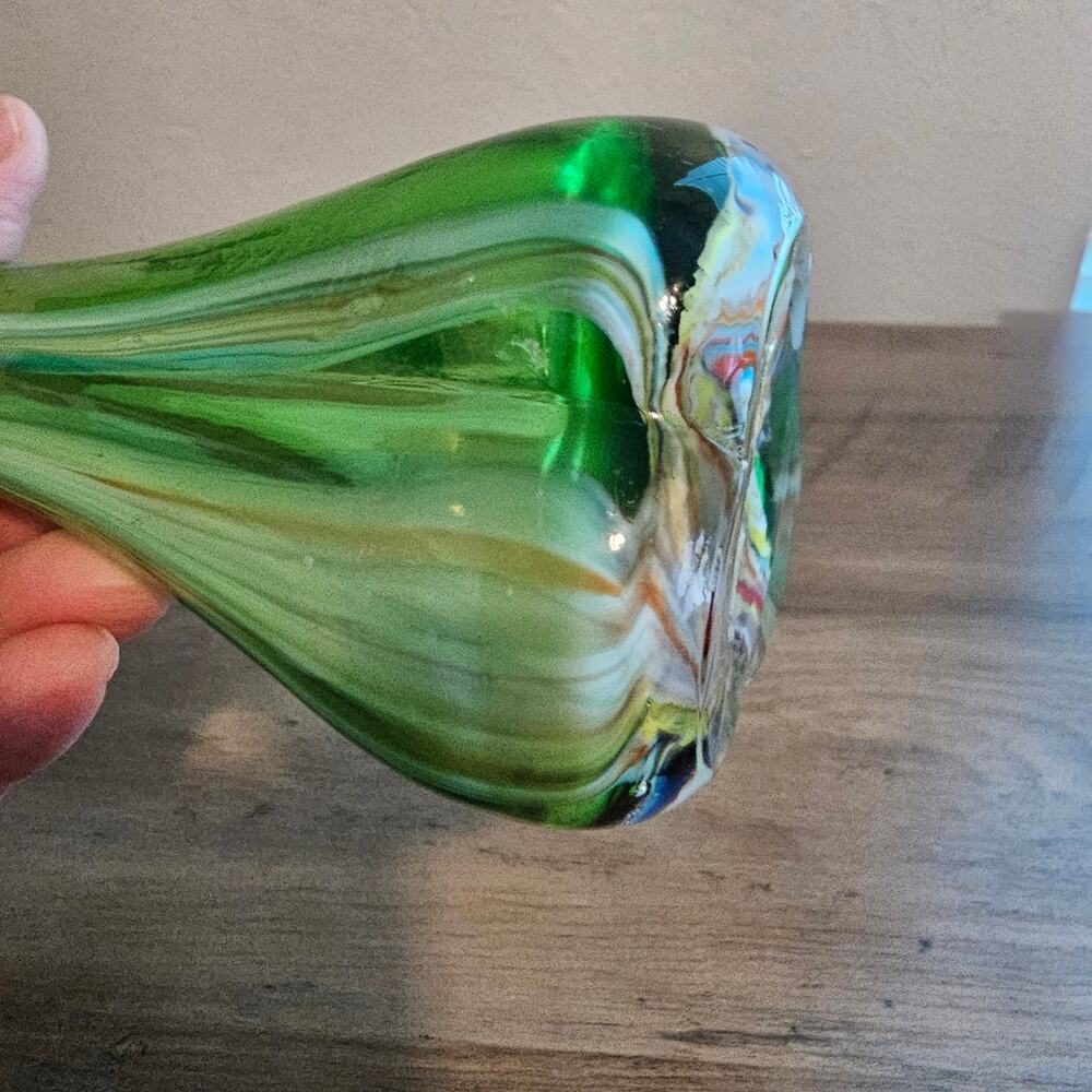 Vintage MCM Hand Blown Glass Stretch Bud Vase 10.5" Green Art Decor 1960s Mod - Picture 12 of 15